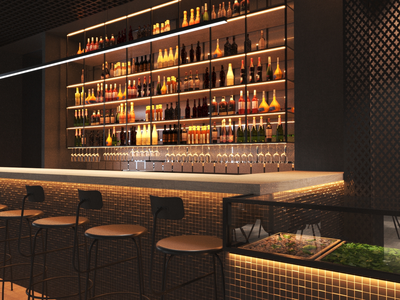 Illuminated bar counter at New Bombay Palace.